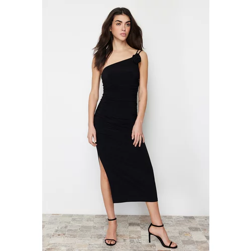 Trendyol Black Accessory Rose Detailed Gathered Bodycone/Fitting Knitted Midi Dress
