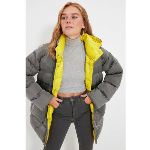 Trendyol Gray Oversize Hooded Yellow Lined Inflatable Coat Slike