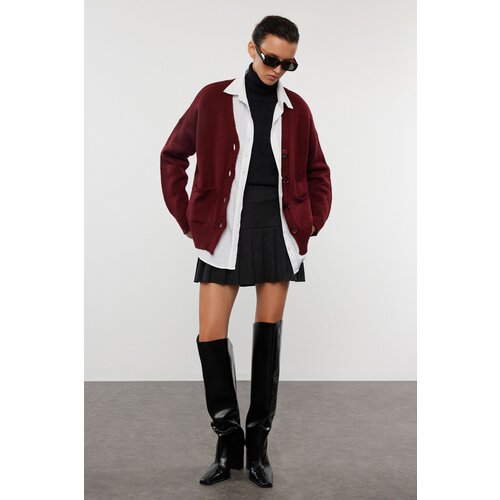 Trendyol Claret Red Basic Soft Textured Knitwear Cardigan Slike