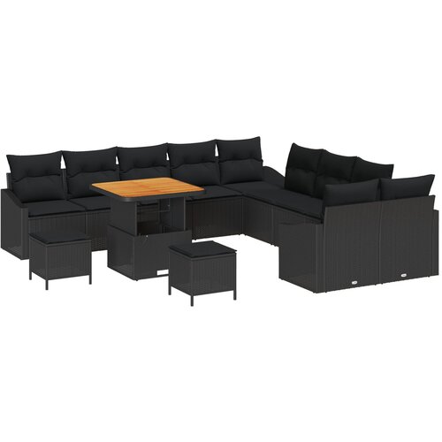 VidaXL Set vrtnog namje&amp;scaron;taja od 13 dijelova s jastučićima Crna poli ratan akacija, dvostruka vrtna sofa sa skladi&amp;scaron;tem i jastučićima Crna poli ratan, set vrtne blagovaonice od 3 dijela s jastučićima Crna poli ratan akacija Slike