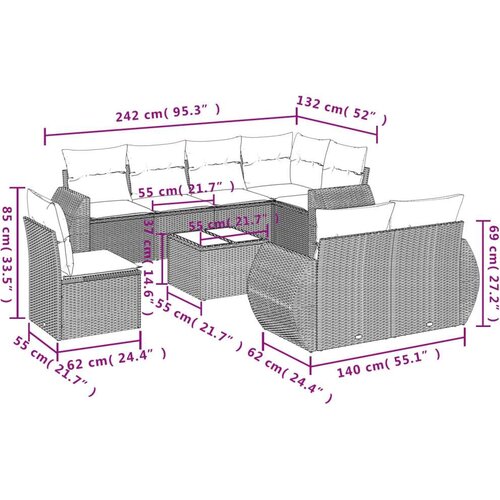 VidaXL 9-dijelni set vrtnih sofa od poliratana s jastucima svjetlosivi Slike