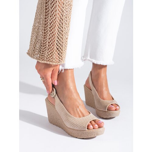 SHELOVET Openwork wedge sandals suede beige Slike