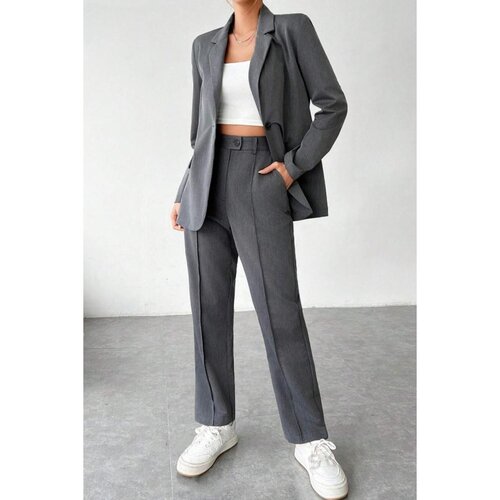 Fenzy Eleganten Enobarvni Hlačni Kostim, Siv Slike