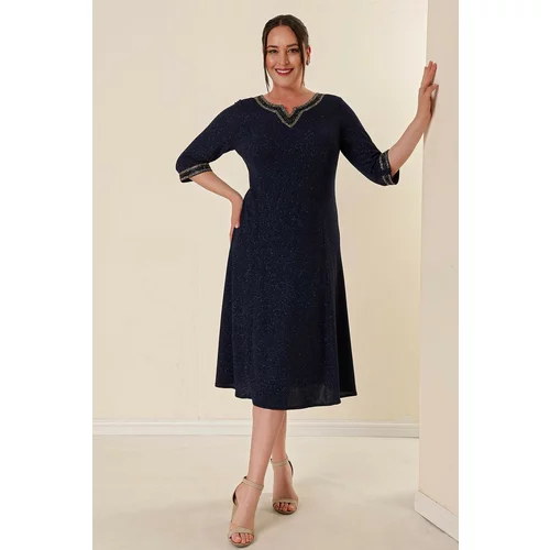 By Saygı Navy Blue Plus Size Lined Silvery Dress With Stone Detailed Collar And Sleeves.