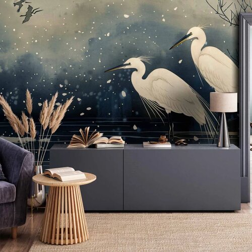  Foto tapeta - Herons over a winter pond - Japanese-style illustration in dark colours 300x210 Standard Cene
