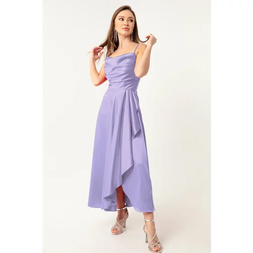 Lafaba Women's Lilac Ruffles and Slit Satin Midi Length Evening Dress & Prom Dress