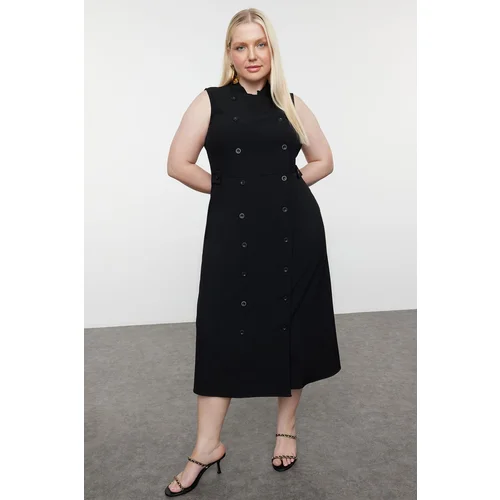 Trendyol Curve Black Buttoned Collar Midi Woven Plus Size Dress