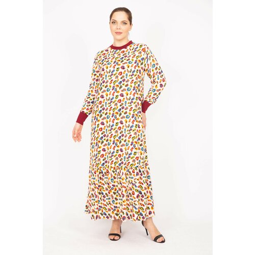 Şans Women's Colorful Plus Size Woven Viscose Fabric Long Dress With Ribbed Collar And Sleeves Slike