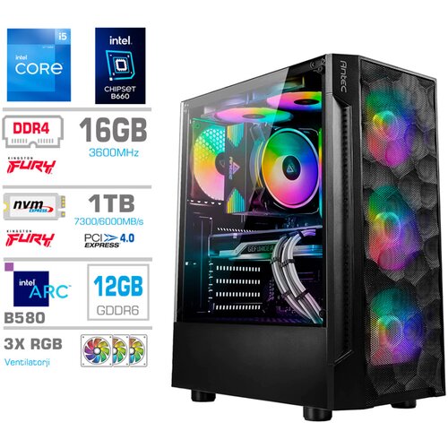 MEGA Računalnik TWR S7 i5-12400F/Intel Arc B580/16GB/1TB-4.0/750W/Brez OS RGB, (22097692) Cene