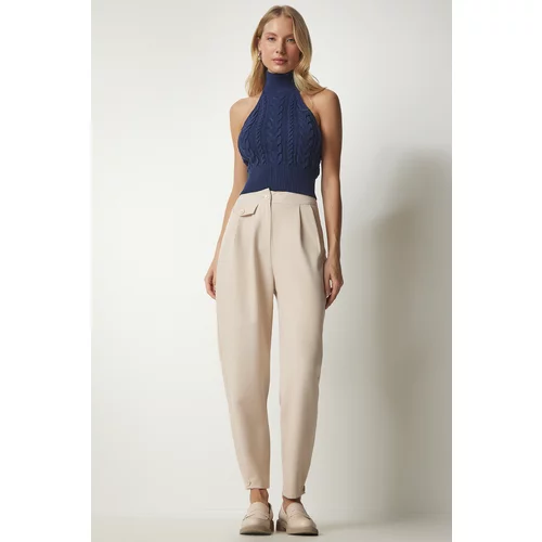 Happiness İstanbul Women's Cream Legs With Buttons, Stylish Woven Pants