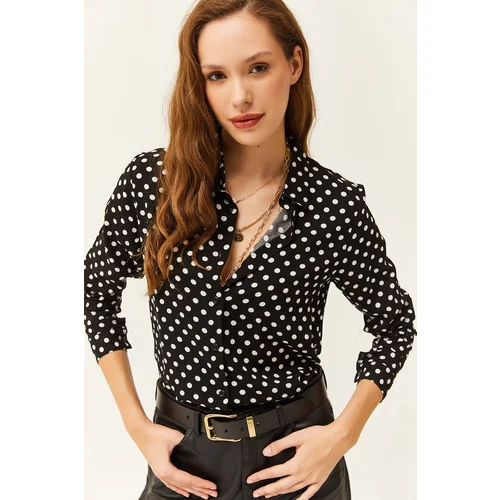 Olalook Women's Black Polka Dot Patterned Woven Viscose Shirt