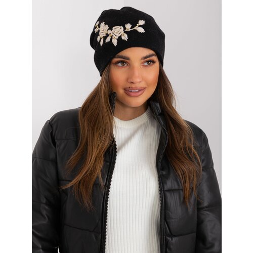 Fashion Hunters Black and beige knitted beanie with appliqué and rhinestones Cene