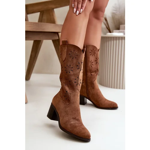 PE2 Women's Perforated Knee High Boots Made Of Eco Suede Brown Nevilos