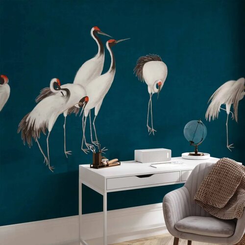  Foto tapeta - Evening by the pond - a group of cranes drawn in dry pastel on a dark turquoise background 200x140 Premium Slike