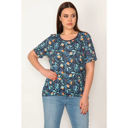 Şans Women&amp;#039;s Plus Size Navy Blue Cotton Fabric Crew Neck Floral Patterned Blouse with Elastic Hem Slike