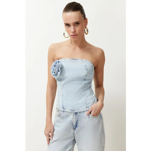 Trendyol Light Blue Rose Detailed Strapless Denim Blouse