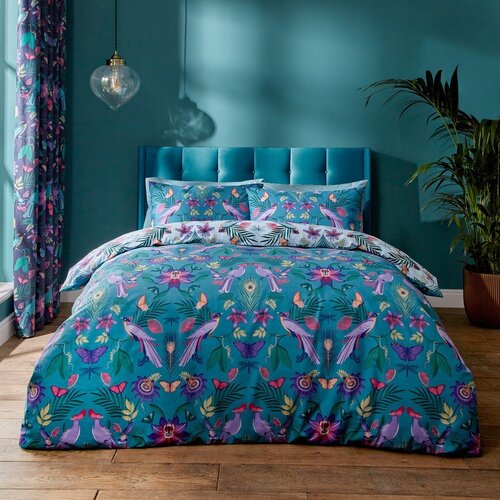 Catherine Lansfield Modra posteljnina za zakonsko posteljo 200x200 cm Mya Tropical Floral &amp;ndash; Slike