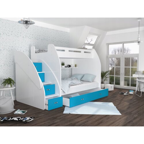 Drveni dečiji krevet na sprat zuzia sa fiokama 200*120 cm - plavi Slike