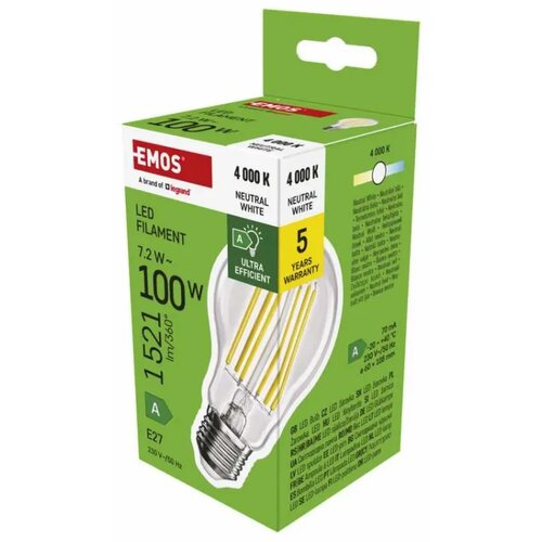 Emos zf5168 Led sijalica filament a60 7,2w(100w) 1521lm e27 ultra eficient nw ( 3496 ) Cene