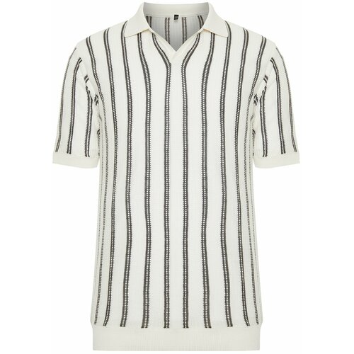 Trendyol Ecru Men's Regular Fit Line Openwork Leakage Pat Limited Edition Knitwear Polo Collar T-Shirt Slike