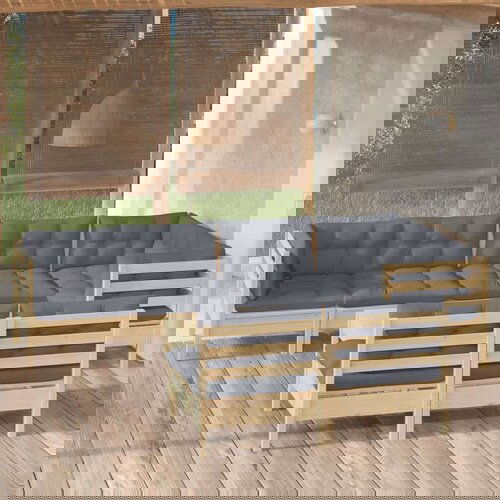  8-dijelna vrtna garnitura od borovine sa sivim jastucima Cijene