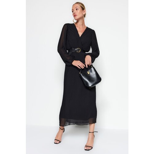 Trendyol Black Belt A-line Pleated Maxi Lining Chiffon Woven Dress Slike