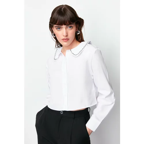 Trendyol Ecru Baby Collar Silver Stripe Detailed Crop Oversize/Wide Fit Woven Shirt