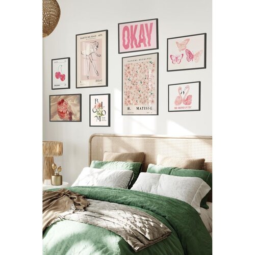 Wallxpert set od 8 uramljenih slika &Ccedil;gs-016, roze motivi &ndash; balerina, matisse cvetni plakat, leptiri, flamingosi i natpis okay, crni ram Cene