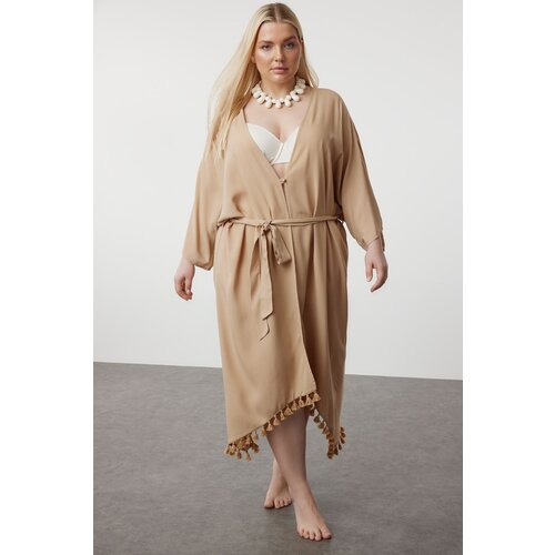 Trendyol curve beige hem tasseled bat sleeve viscose beach wear kimono & kaftan Slike