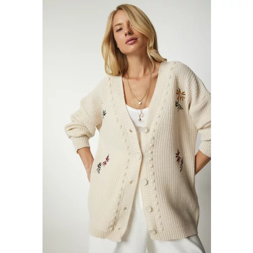 Happiness İstanbul Women's Cream Floral Embroidery Textured Knitwear Cardigan