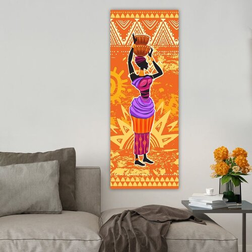 Wallxpert slika na platnu DKY81156188445, afrička žena sa ćupom na glavi na narandžastoj pozadini sa etno &amp;scaron;arama, 30 x 80 cm Slike