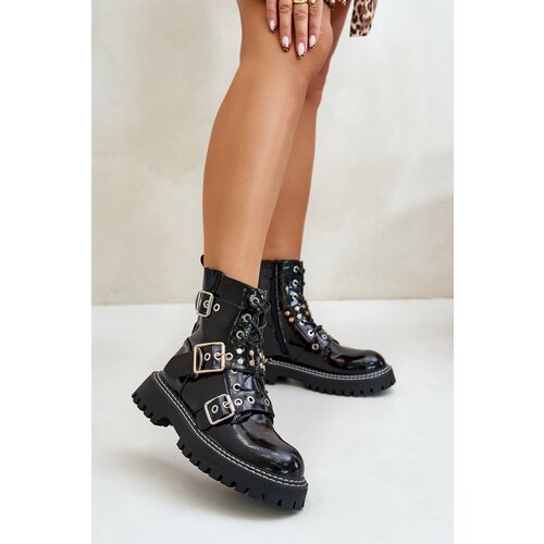FI1 Lacquered Worker Boots With Buckles Black Serizia Cene