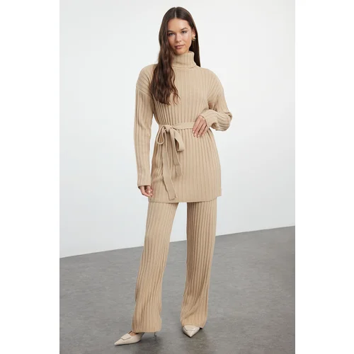 Trendyol Dark Beige Corded Knitwear Sweater Trousers Bottom-Top Set