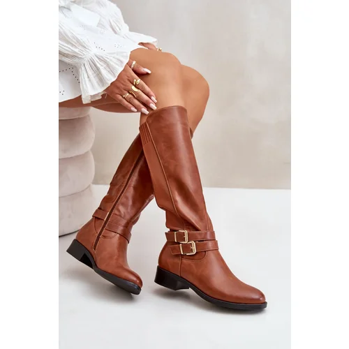 Kesi Women's knee-high boots with flat heels with buckles Camel Lotina