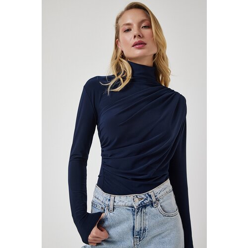  Women&amp;#039;s Navy Blue Gathered Detailed High Neck Sandy Blouse Slike