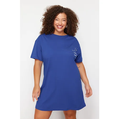 Trendyol Curve Blue Crew Neck Printed T-shirt Knitted Dress