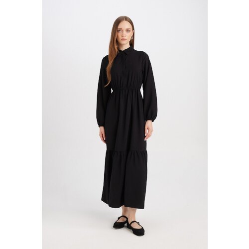 Defacto Shirt Collar Basic Plain Button Closure Gathered Waist Long Sleeve Maxi Black Dress Slike