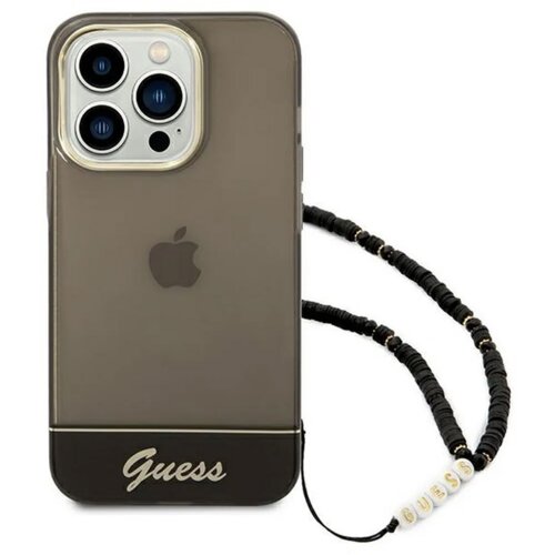 maska guess za iphone 14 pro (6.1) hardcase translucent pearl strap crna Slike