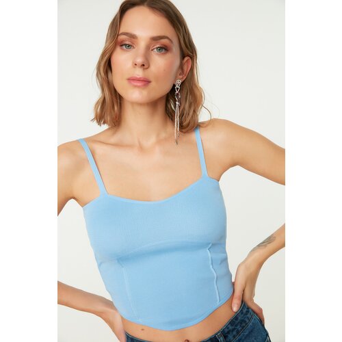Trendyol Blue Crop Stitch Detailed Knitwear Blouse Cene