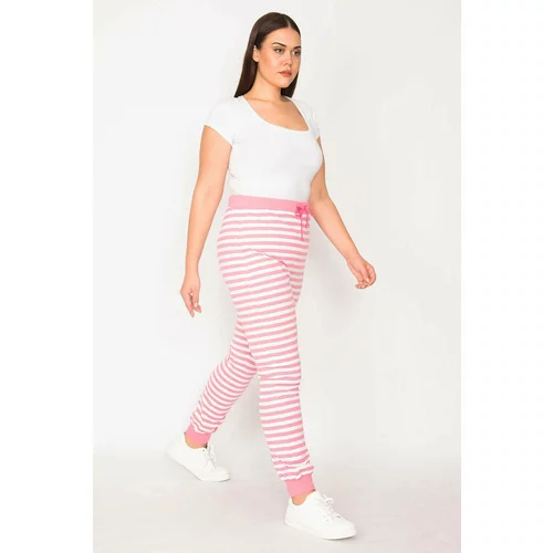 Şans Women's Large Size Pink Cotton Fabric Eyelet Lacing Detailed Striped Leggings Trousers