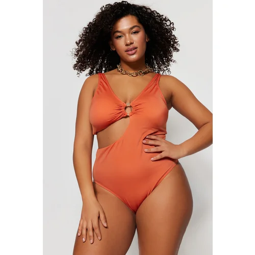 Trendyol Curve Plus Size Swimsuit - Orange - Plain