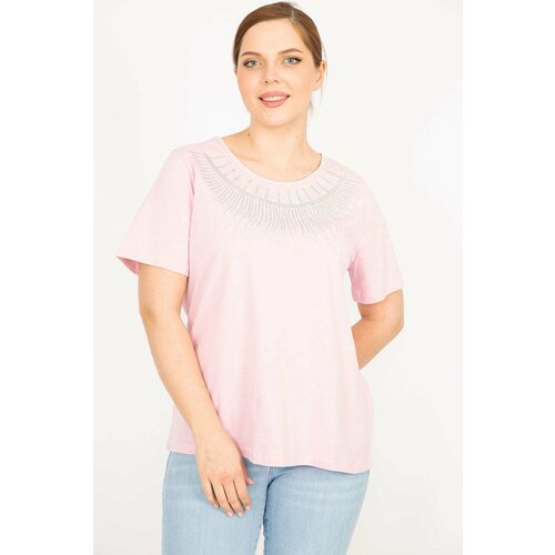 Şans Women's Pink Plus Size Cotton Fabric Collar Shimmer Detail Blouse Slike