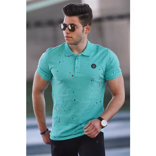 Madmext Turquoise Spray Print Polo Neck T-Shirt 4583