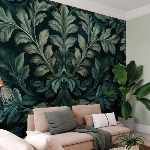  Foto tapeta - Dark Green Victorian Leaves: Botanical Carved Composition 100x70 Premium Cene