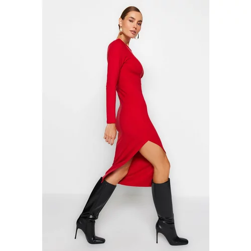 Trendyol Red Crew-neck Fitted Midi Knitted Dress With Deep Slits