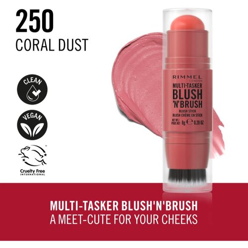 Rimmel London Multi-Tasker Blush&amp;#039;N&amp;#039;brush rdečilo v paličici s čopičem odtenek 250 Coral Dust 8 g Slike