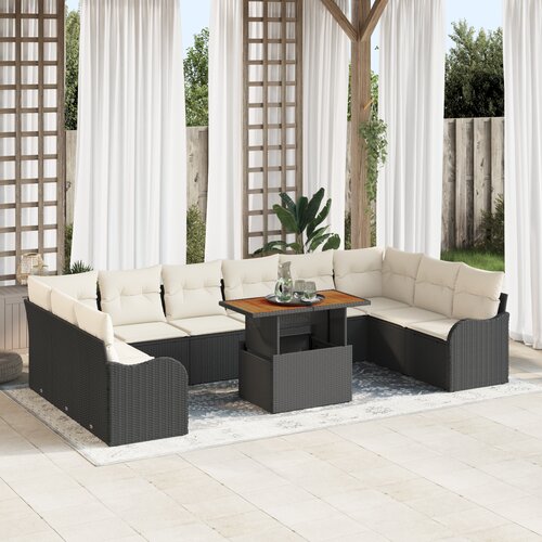 VidaXL 11-delni vrtni sofa set z blazinami Črn Poli ratan Akacija Slike