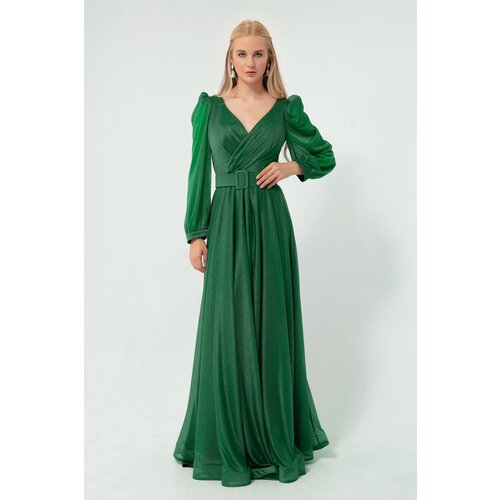 Lafaba Women's Emerald Green Double Breasted Neck Silvery Long Flared Evening Dress Cene