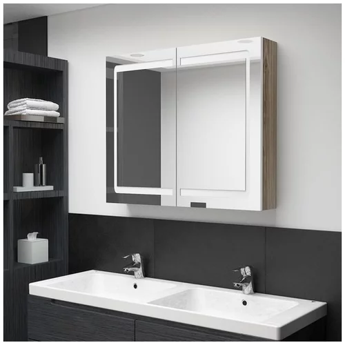  LED kopalniška omarica z ogledalom bela in hrast 80x12x68 cm