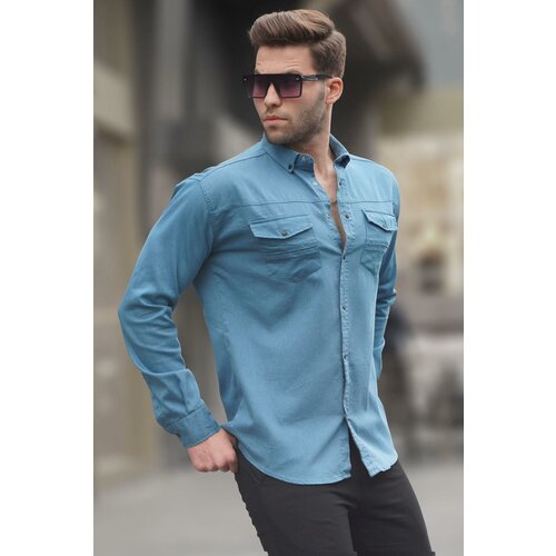 Madmext Men's Blue Comfortable Fit Gabardine Shirt 6810 Cene